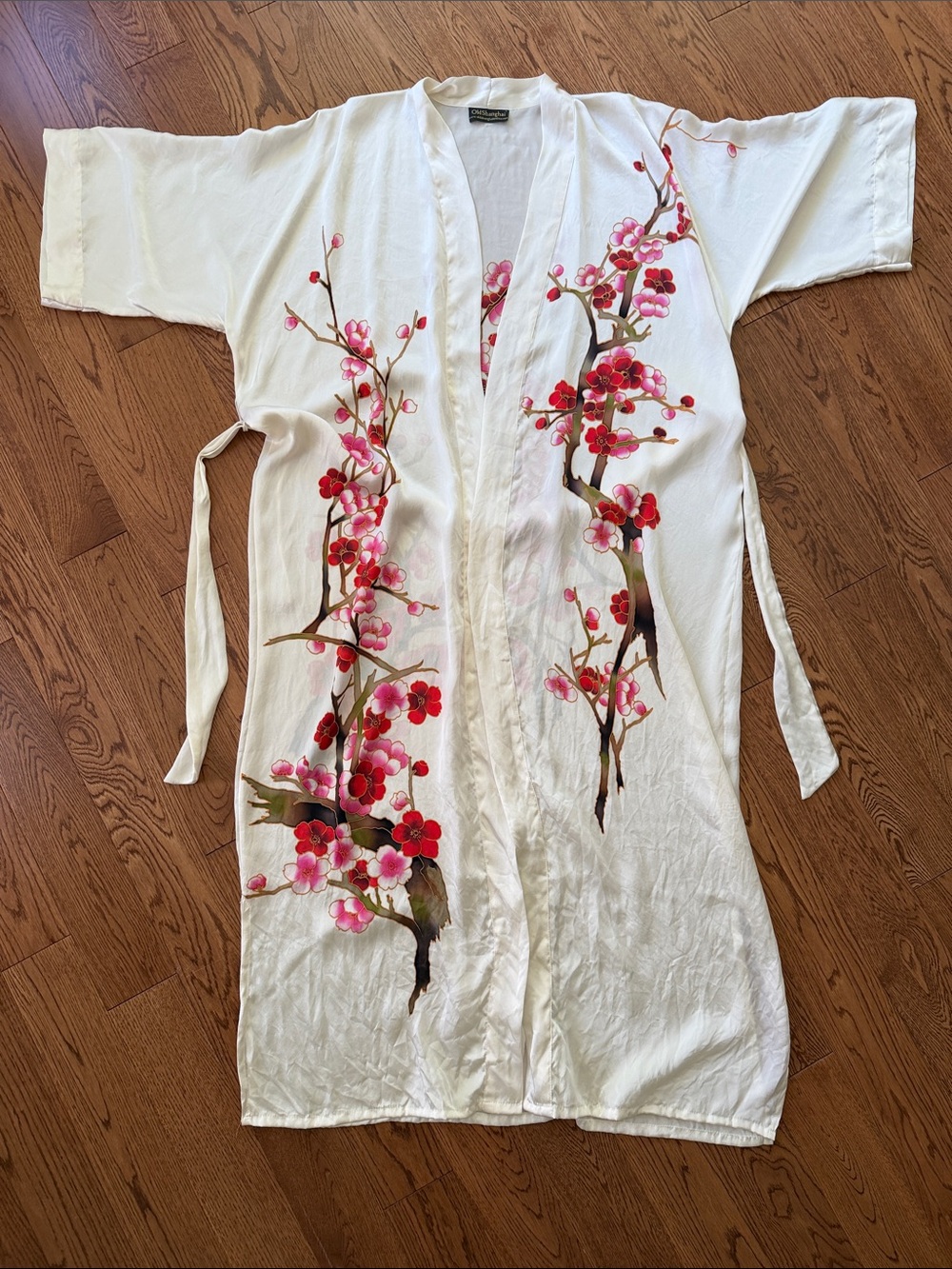 White Floral Silk Kimono Robe with Hand Painted Cherry Blossoms